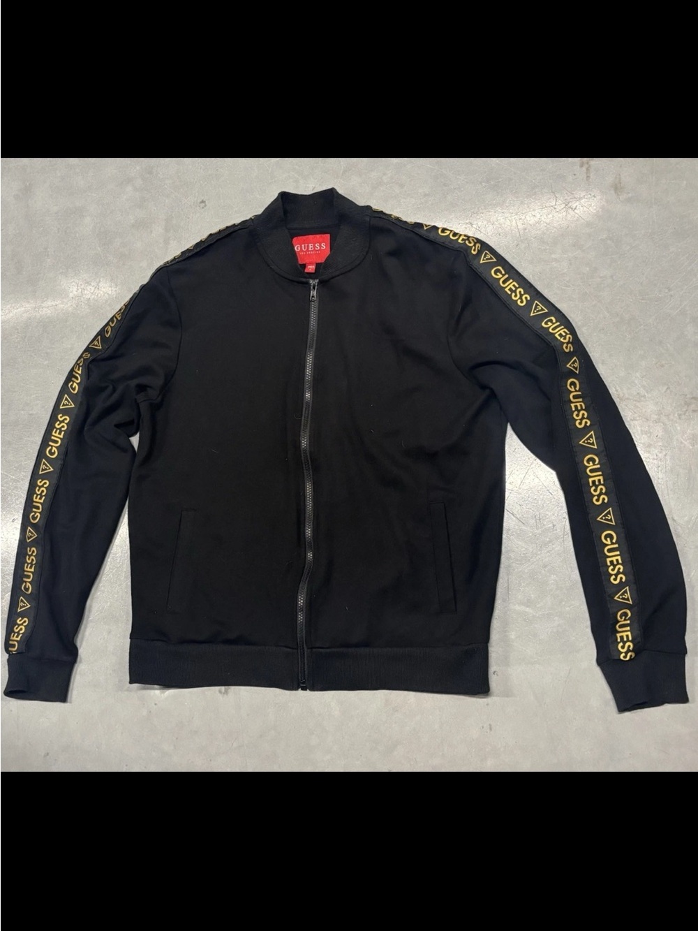 Guess Los Angeles Y2K Track Jacket Mens M Black Full Zip Gold Logo Sleeve Tape